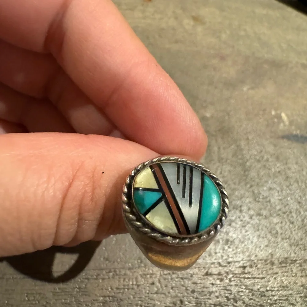 Multi Stone Zuni Inlay Sterling Size 11 RIng 7.4g
